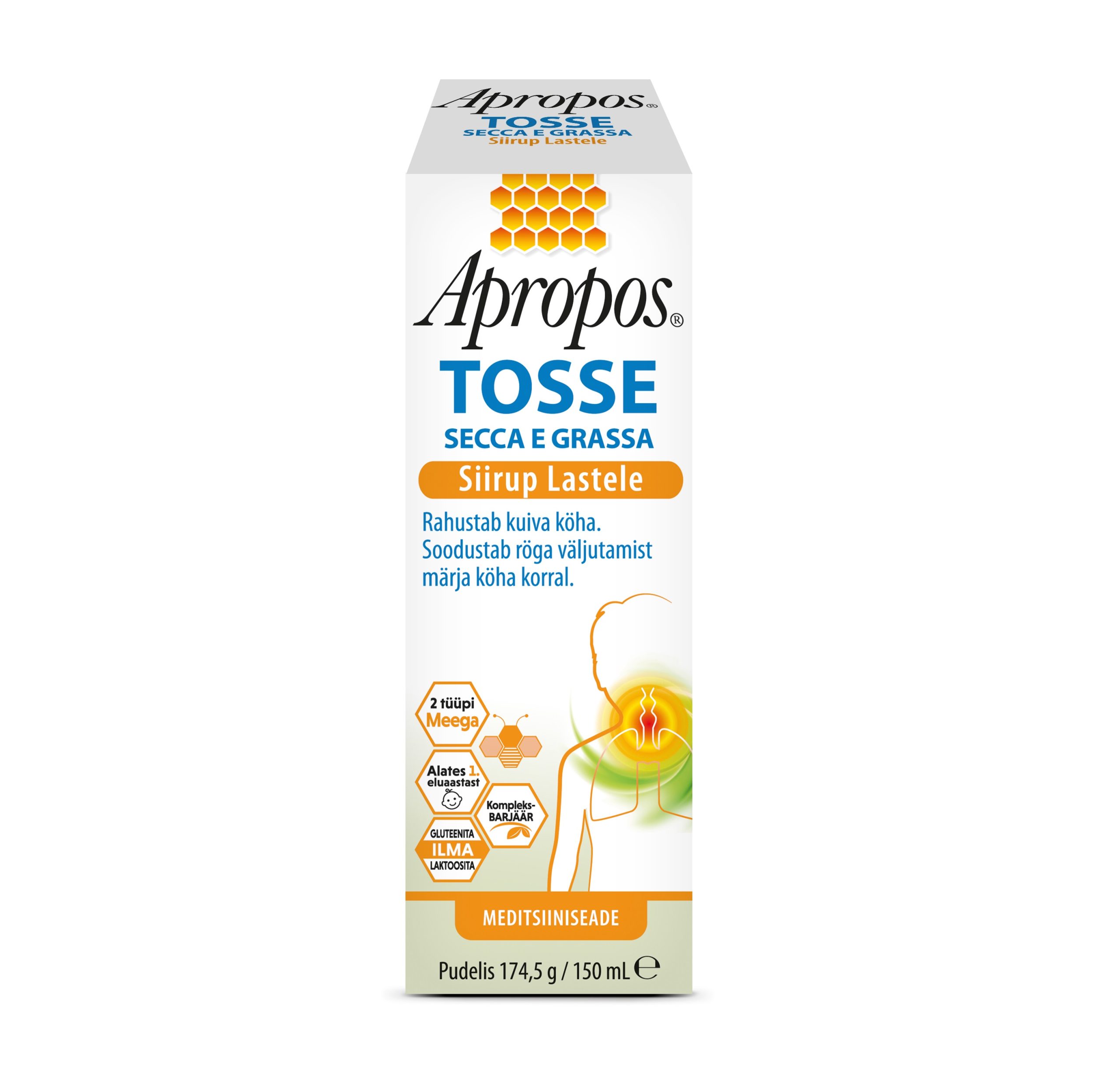 Apropos Tosse köhasiirup lastele 150ml. Rahustab kuiva köha. Soodustab röga väljutamist märja köha puhul.