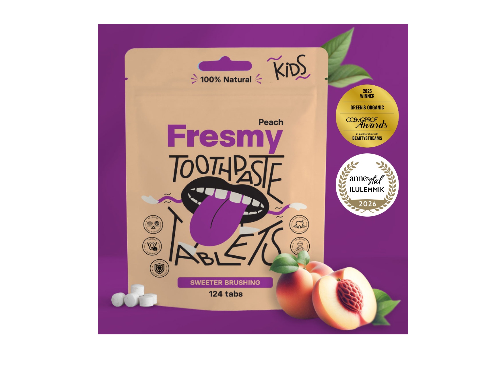 Fresmy virsikumaitselised hambapastatabletid lastele 124tk